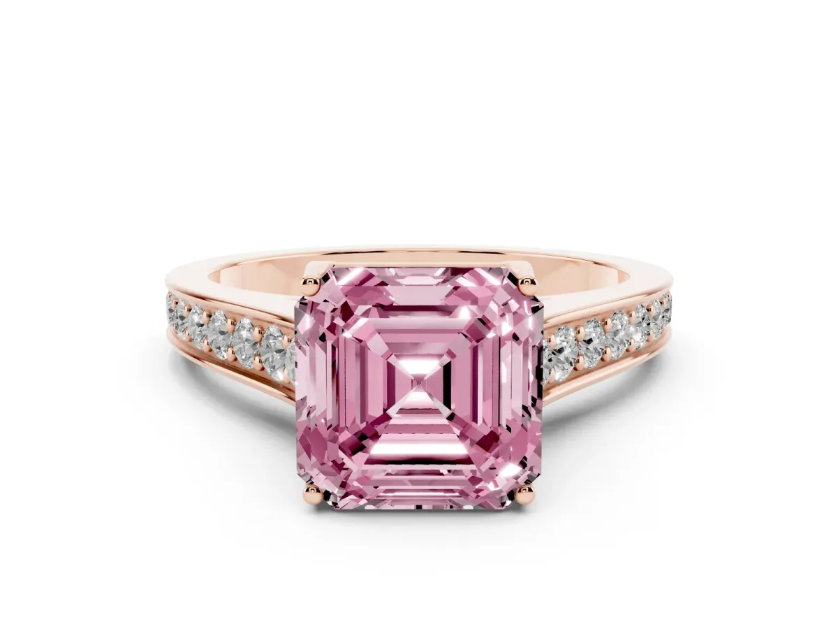 Fancy Pink Asscher Cut Brilliant Cut Diamond Engagement Ring with Pavé Band and Four-Prong Setting Rose gold