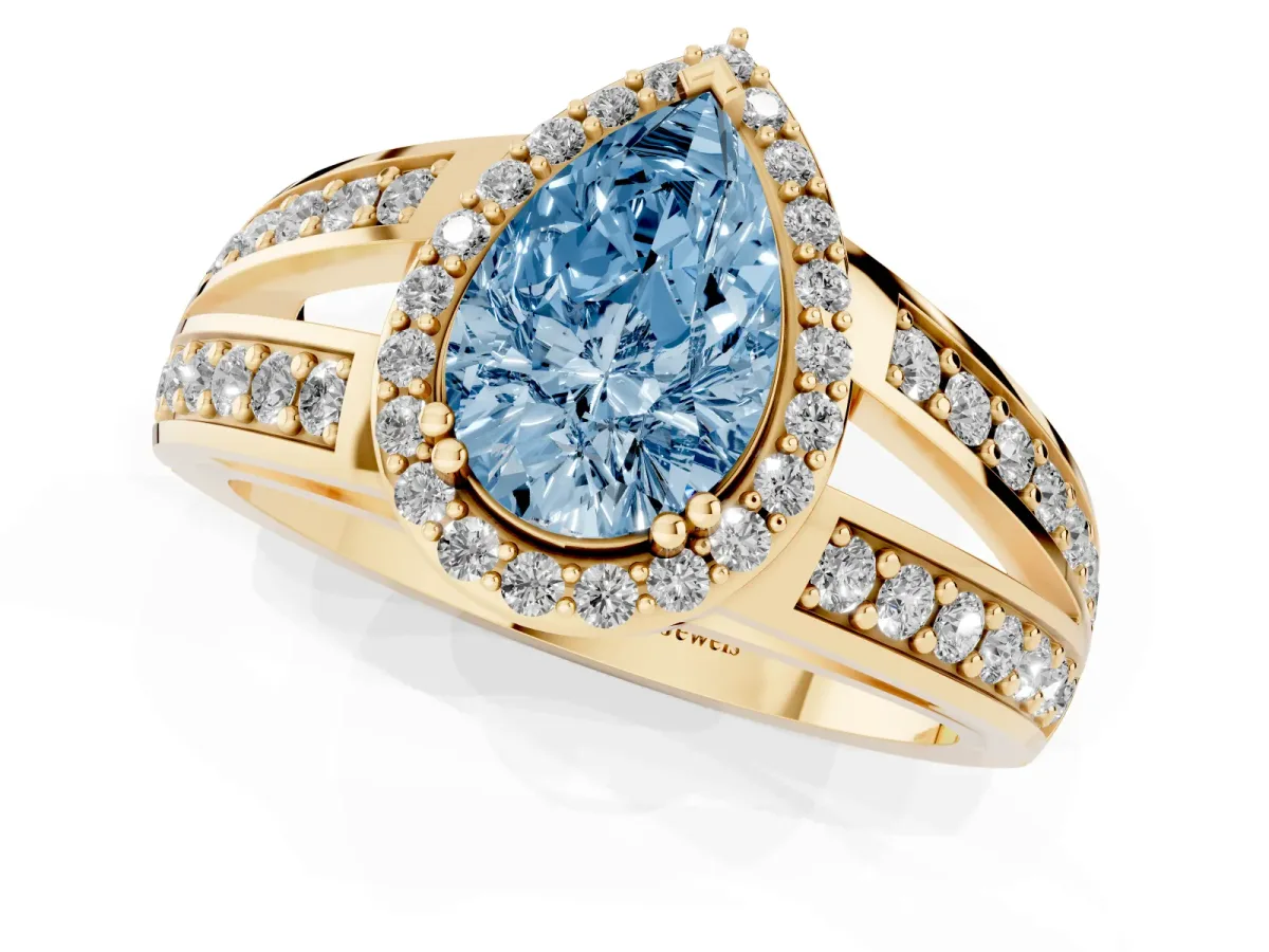 Fancy Blue Pear Cut Diamond Halo Ring with Split Shank Pavé Band and Four-Prong Setting Yellow gold