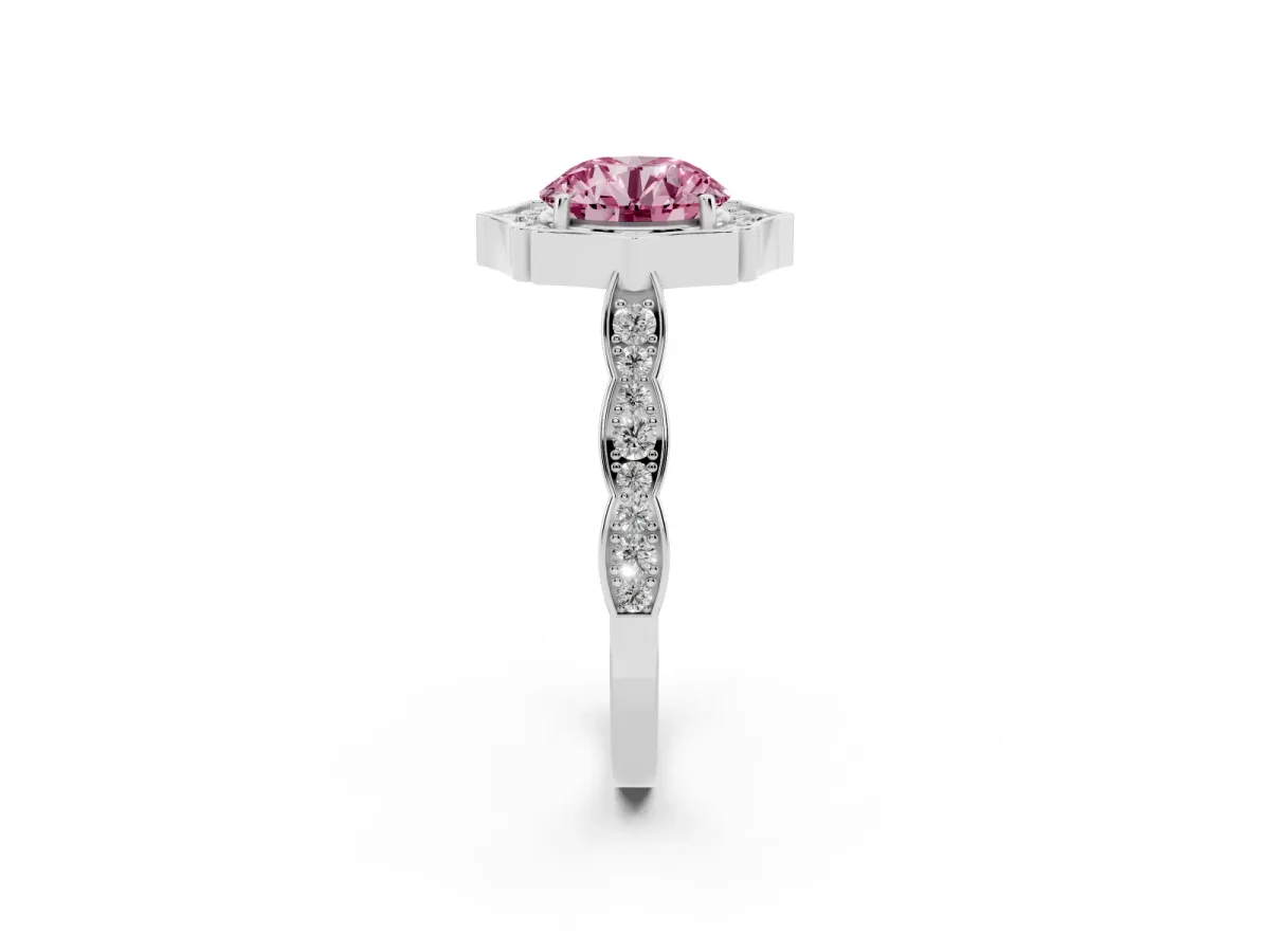 Fancy Pink Round Cut Halo Diamond Engagement Ring with Milgrain Band and Four-Prong Setting Platinum