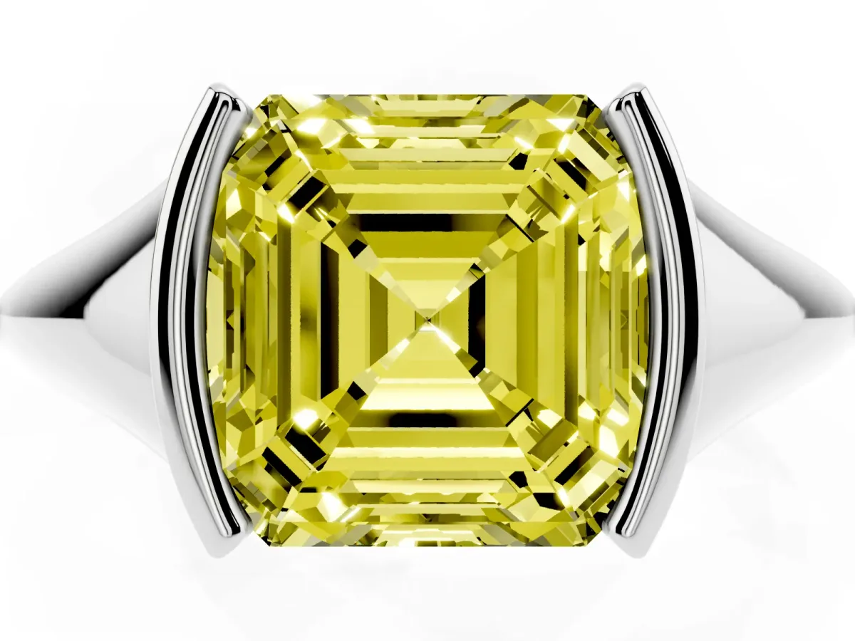 Fancy Yellow Asscher Cut Solitaire Tension Set Diamond Ring Silver