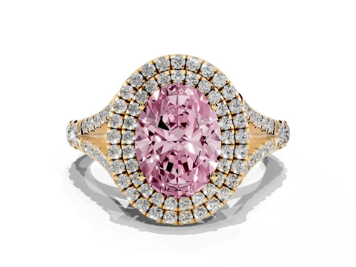 Fancy Pink Oval Cut Cut Double Halo Split Shank Diamond Ring with Prong Setting Yellow gold