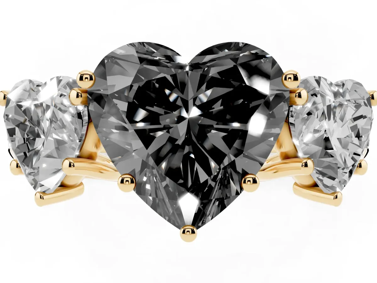 Fancy Black Three-Stone Heart Cut Diamond Pavé Band with Prong Setting Yellow gold