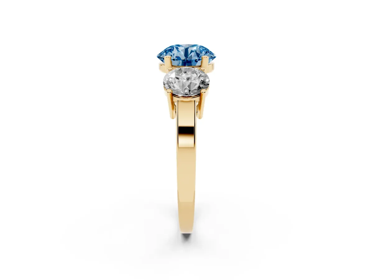 Fancy Blue Three-Stone Round Cut Cut Diamond Engagement Ring with Flat Band and Four-Prong Setting Yellow gold