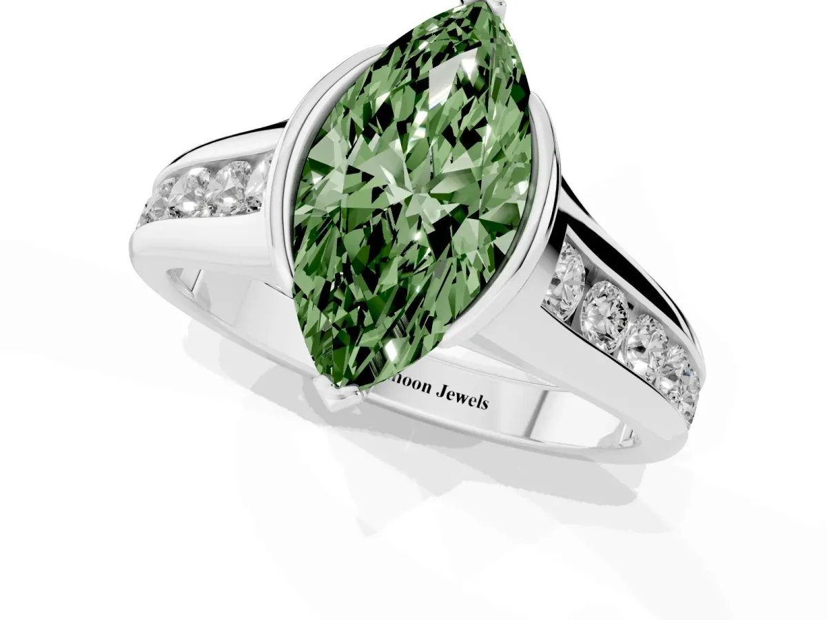 Fancy Green Marquise Cut Solitaire Bezel-Set Diamond Ring with Channel-Set Band Silver