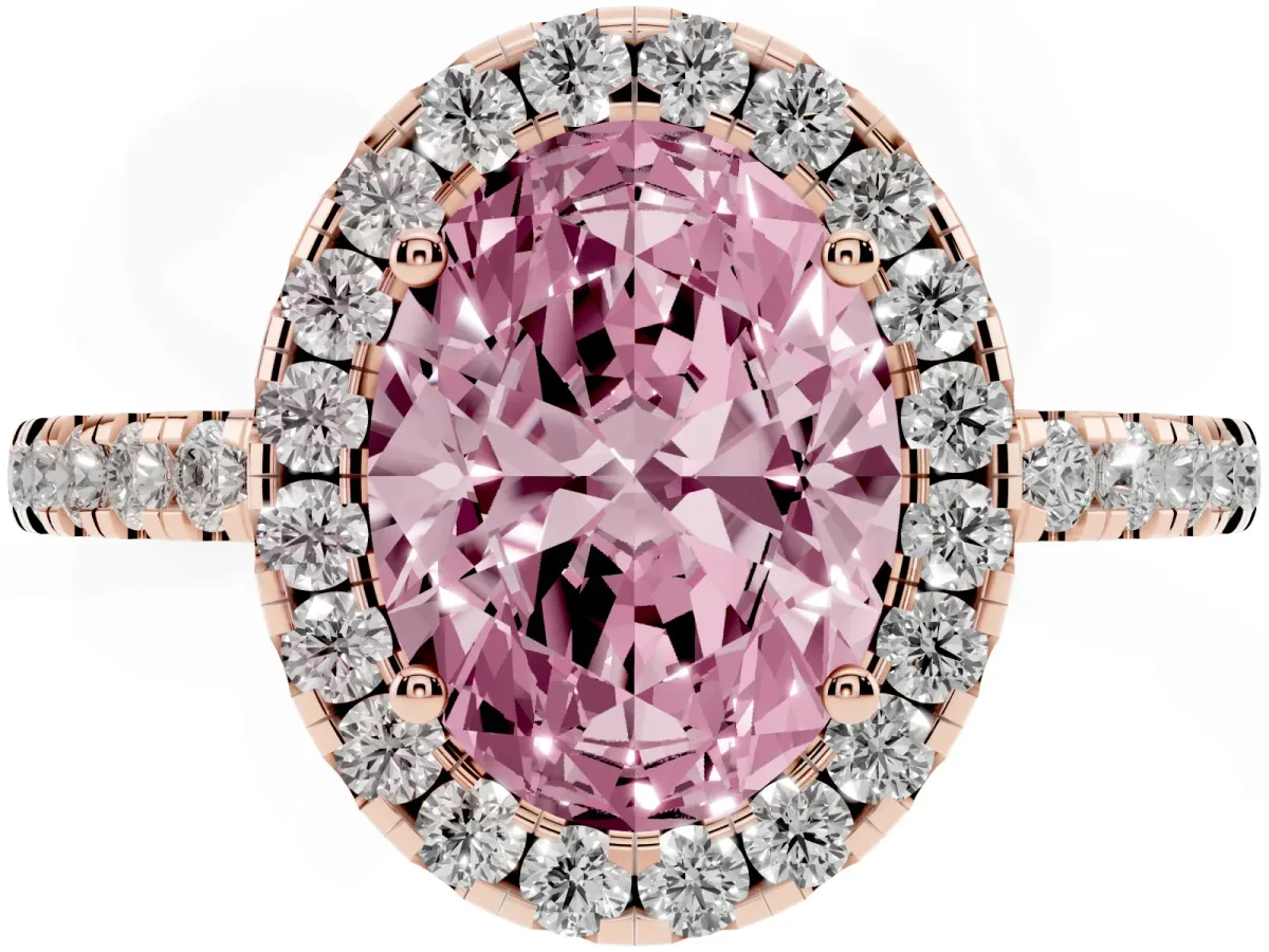 Fancy Pink Oval Cut Halo Diamond Engagement Ring with Pavé Band and Four-Prong Setting Rose gold