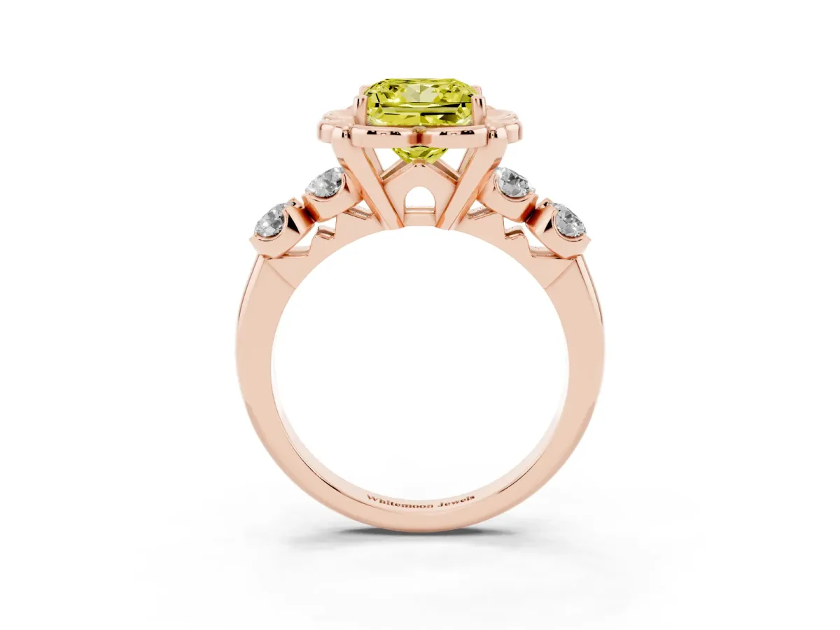 Fancy Yellow Princess Cut Cut Diamond Floral Halo Engagement Ring with Shared Prong Setting Rose gold