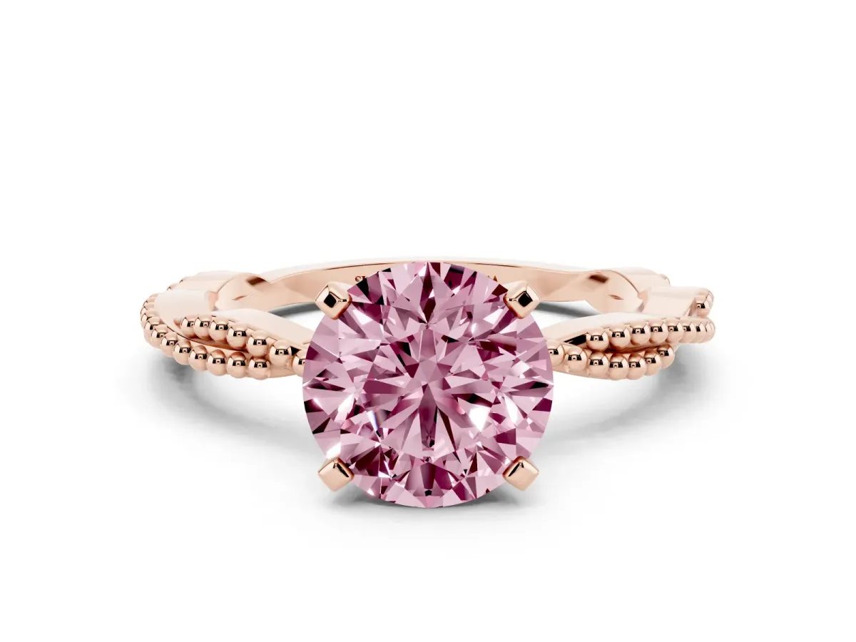 Fancy Pink Round Cut Solitaire Twisted Band with Bead Prong Setting Rose gold