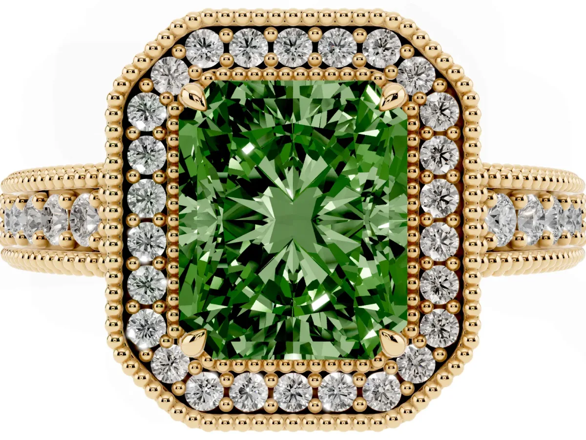 Fancy Green Radiant Cut Cut Halo Diamond Ring with Pavé Band and Four-Prong Setting Yellow gold
