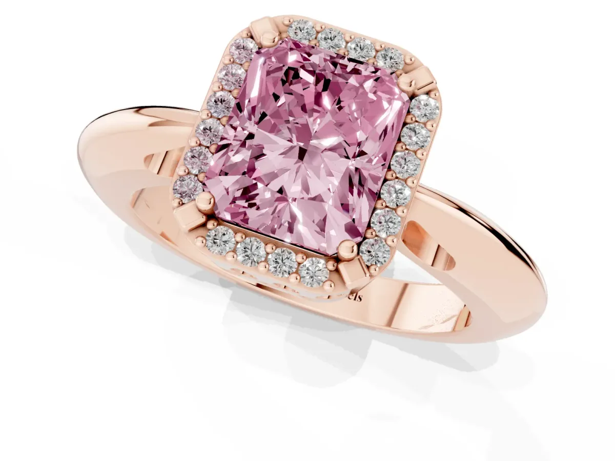 Fancy Pink Radiant Cut Cut Diamond Halo Engagement Ring with Split Shank and Four-Prong Setting Rose gold