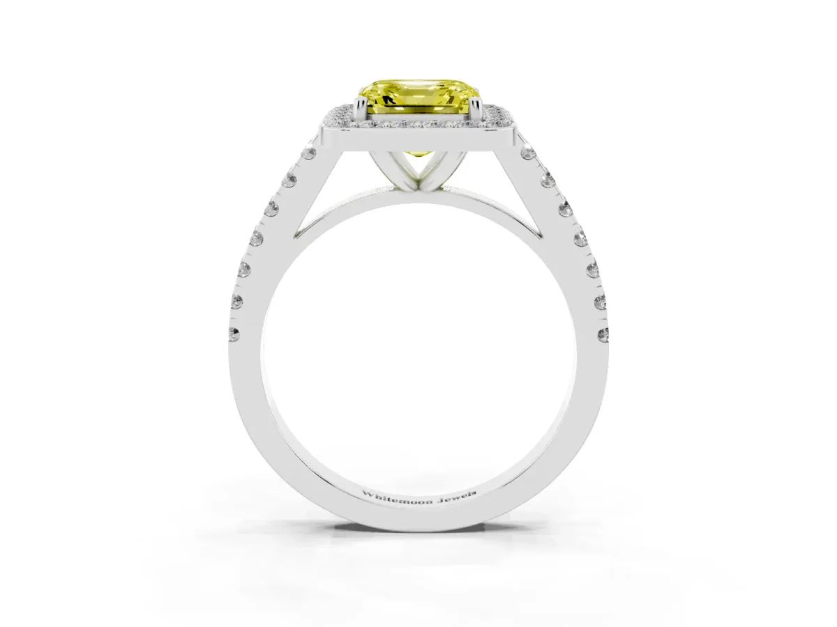 Fancy Yellow Asscher Cut Diamond Halo Ring with Round Pavé Split Shank and Prong Setting Silver