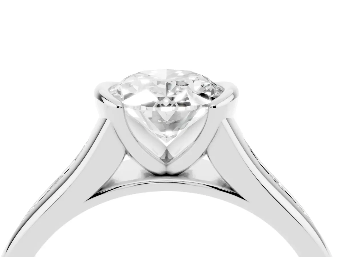 Oval Cut Solitaire Bezel-Set Diamond Ring with Channel-Set Band Silver