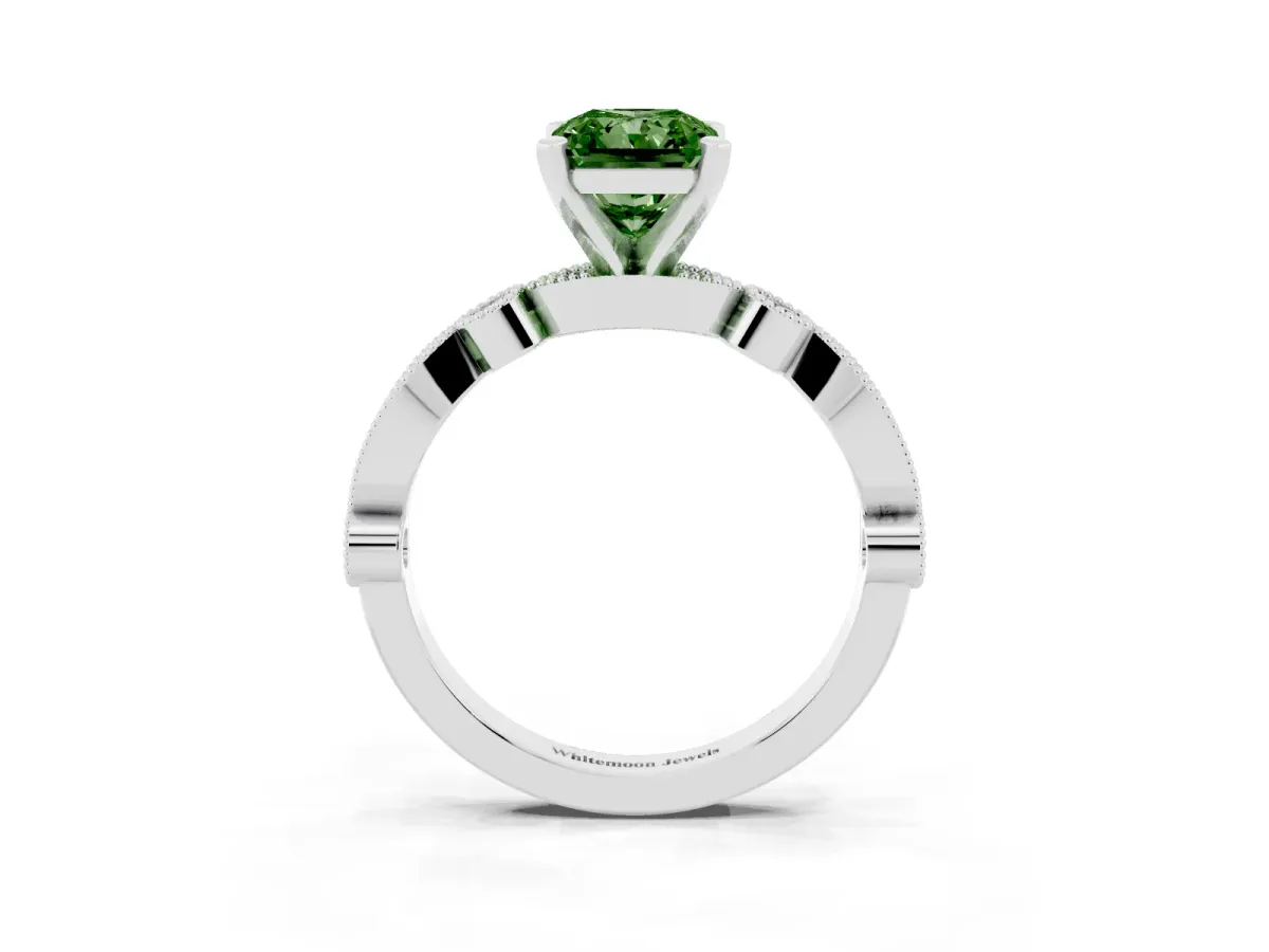 Fancy Green Radiant Cut Milgrain Bezel Diamond Engagement Ring with Solitaire Prong Setting Silver