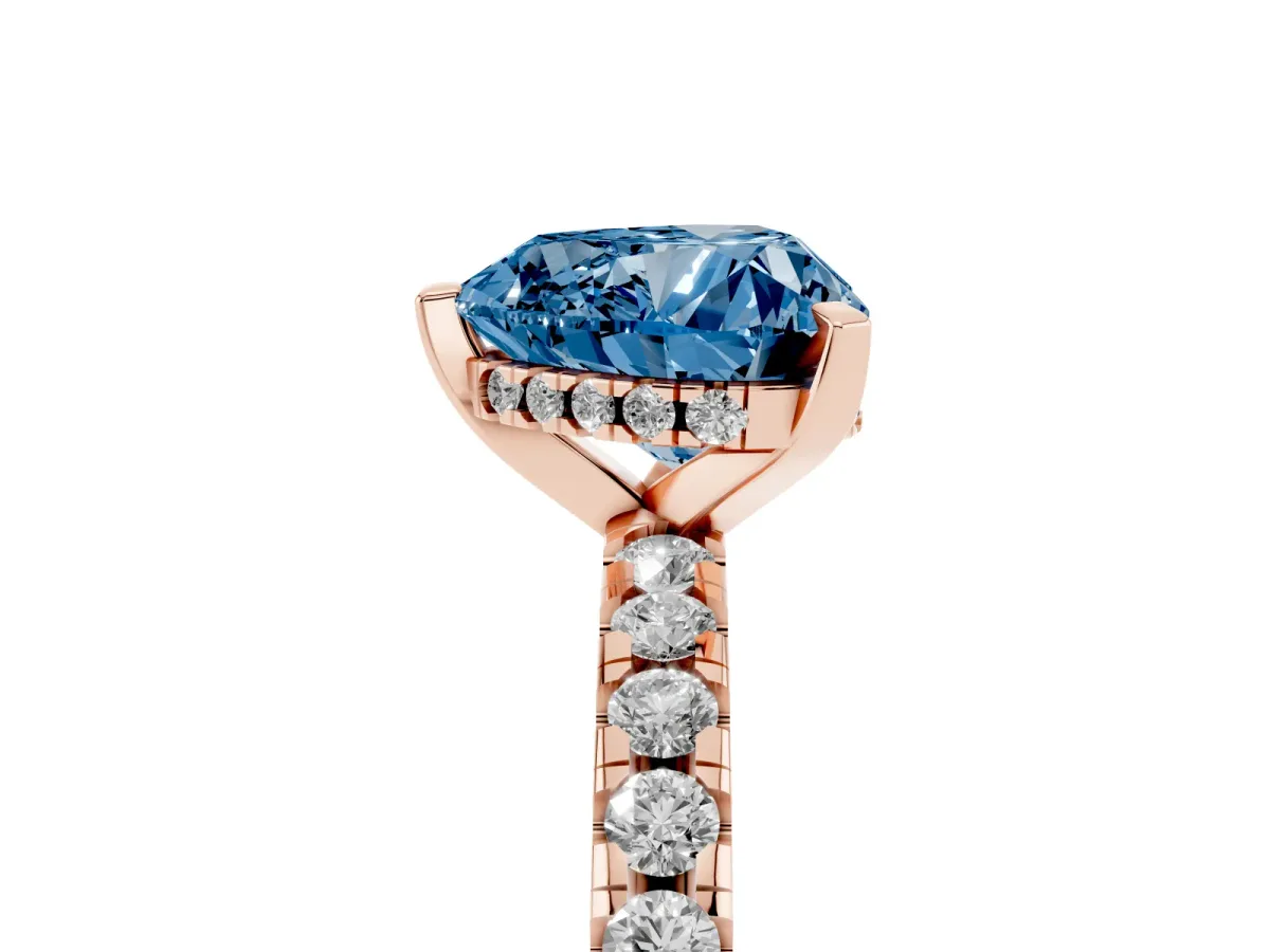 Fancy Blue Heart Cut Diamond Solitaire Ring with Round Pavé Band and Four-Prong Setting Rose gold
