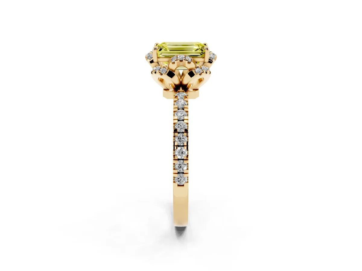 Fancy Yellow Emerald Cut Diamond Halo Pave Band with Four-Prong Setting Yellow gold