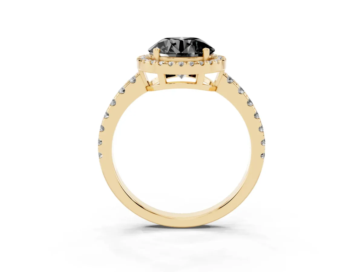 Fancy Black Round Cut Diamond Halo Ring with Pavé Band and Four-Prong Setting Yellow gold