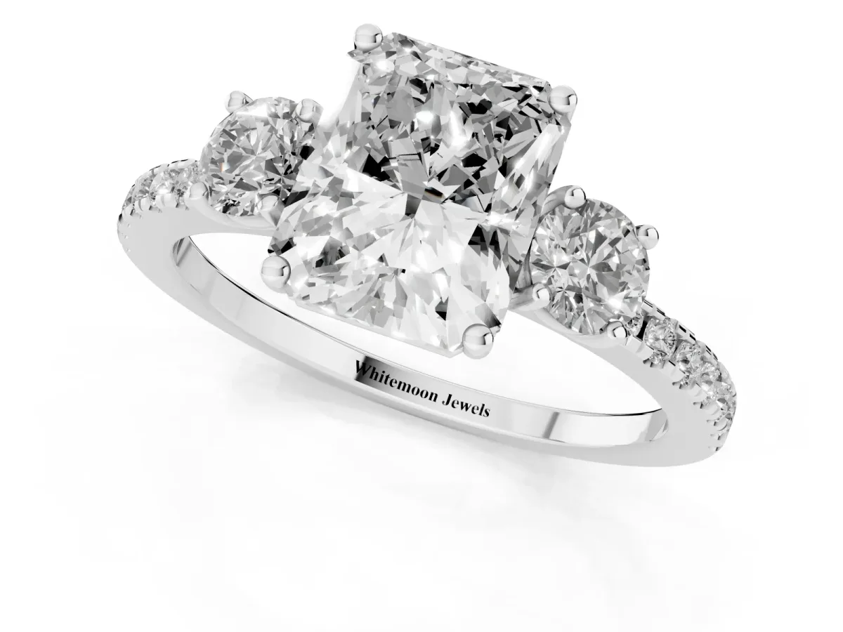 Three-Stone Radiant Cut Cut Diamond Pavé Band with Prong Setting Silver