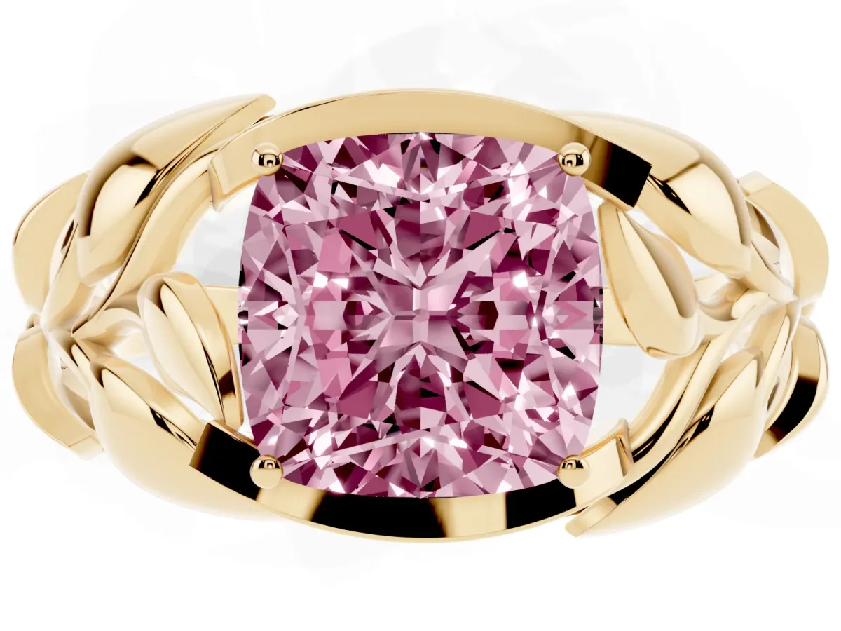 Fancy Pink Cushion Cut Diamond Leaf-Inspired Engagement Ring with Round Accents and Prong Setting Yellow gold