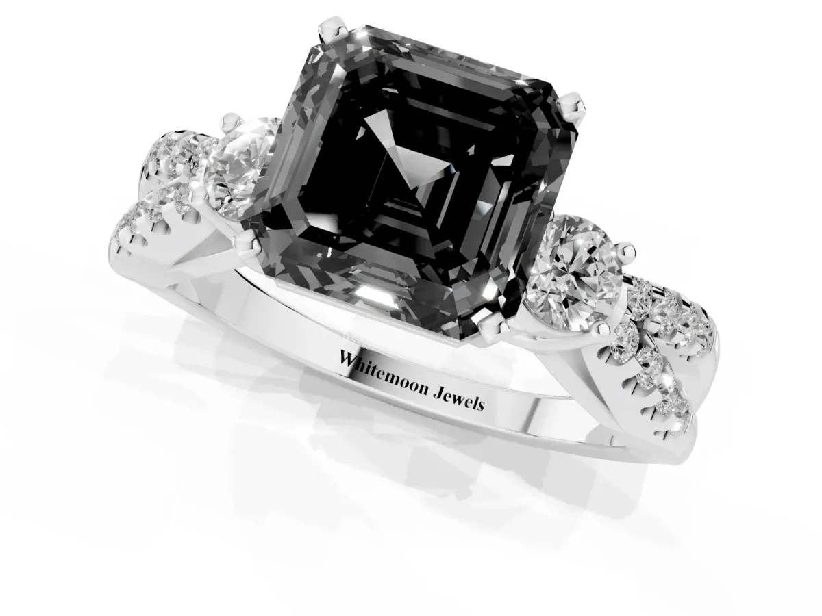 Fancy Black Asscher Cut Diamond Three-Stone Ring with Pavé Split Shank and Four-Prong Setting Silver