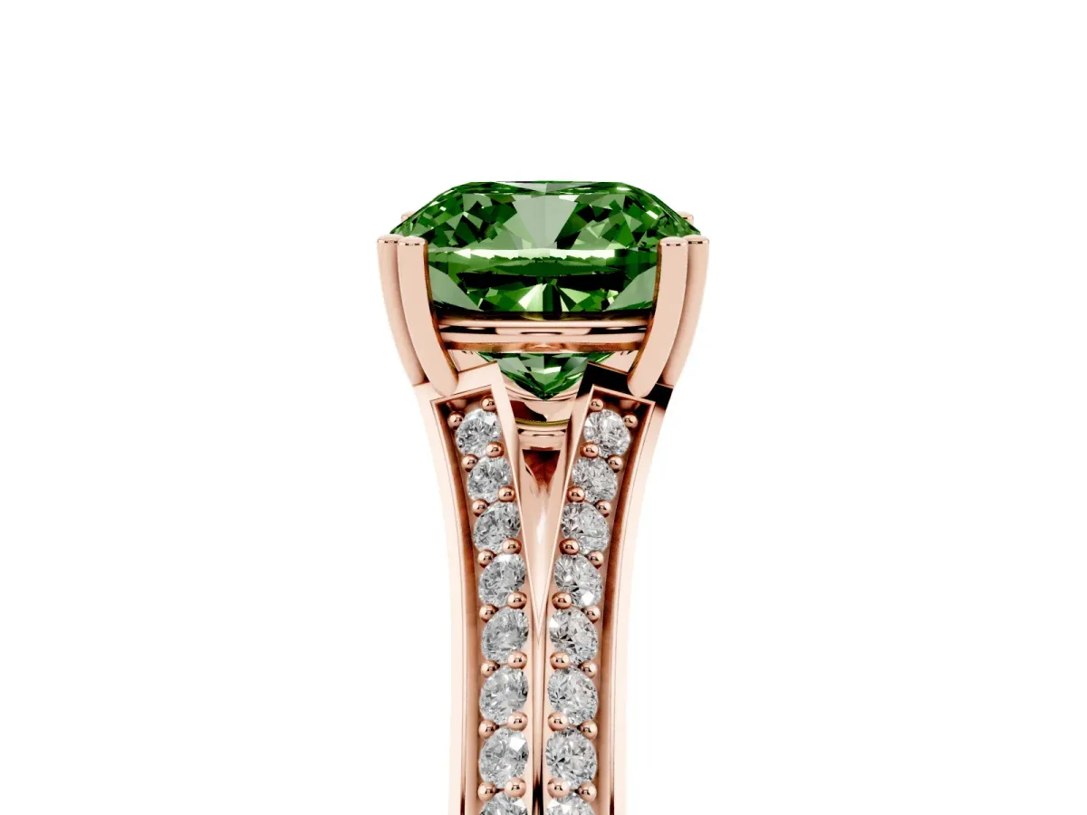 Fancy Green Cushion Cut Diamond Split Shank Engagement Ring with Pavé Band Rose gold
