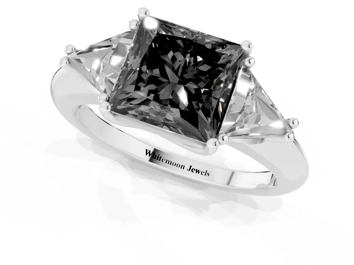 Fancy Black Three-Stone Princess Cut Diamond Engagement Ring with Trillion Side Stones and Prong Setting Silver