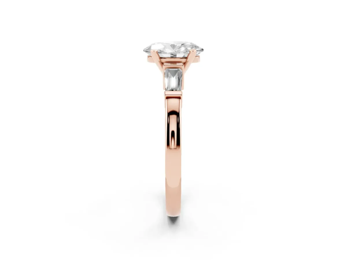 Oval Cut Cut Diamond Solitaire Ring with Tapered Baguette Accents and Four-Prong Setting Rose gold