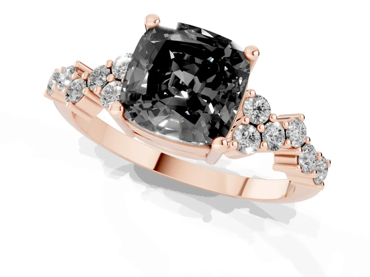 Fancy Black Cushion Cut Diamond Scattered Round Accent Ring with Prong Setting Rose gold