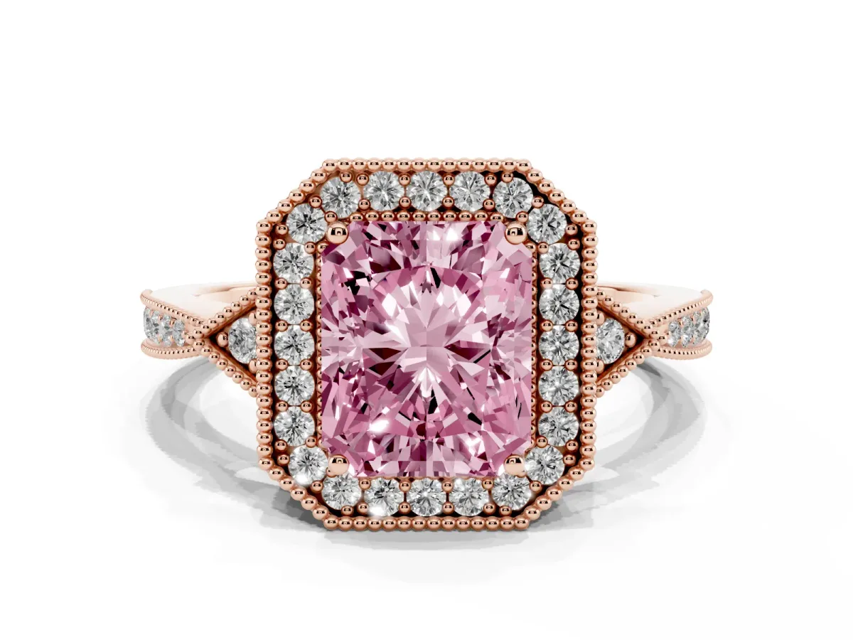 Fancy Pink Radiant Cut Halo Round Diamond Milgrain Pave Engagement Ring Rose gold