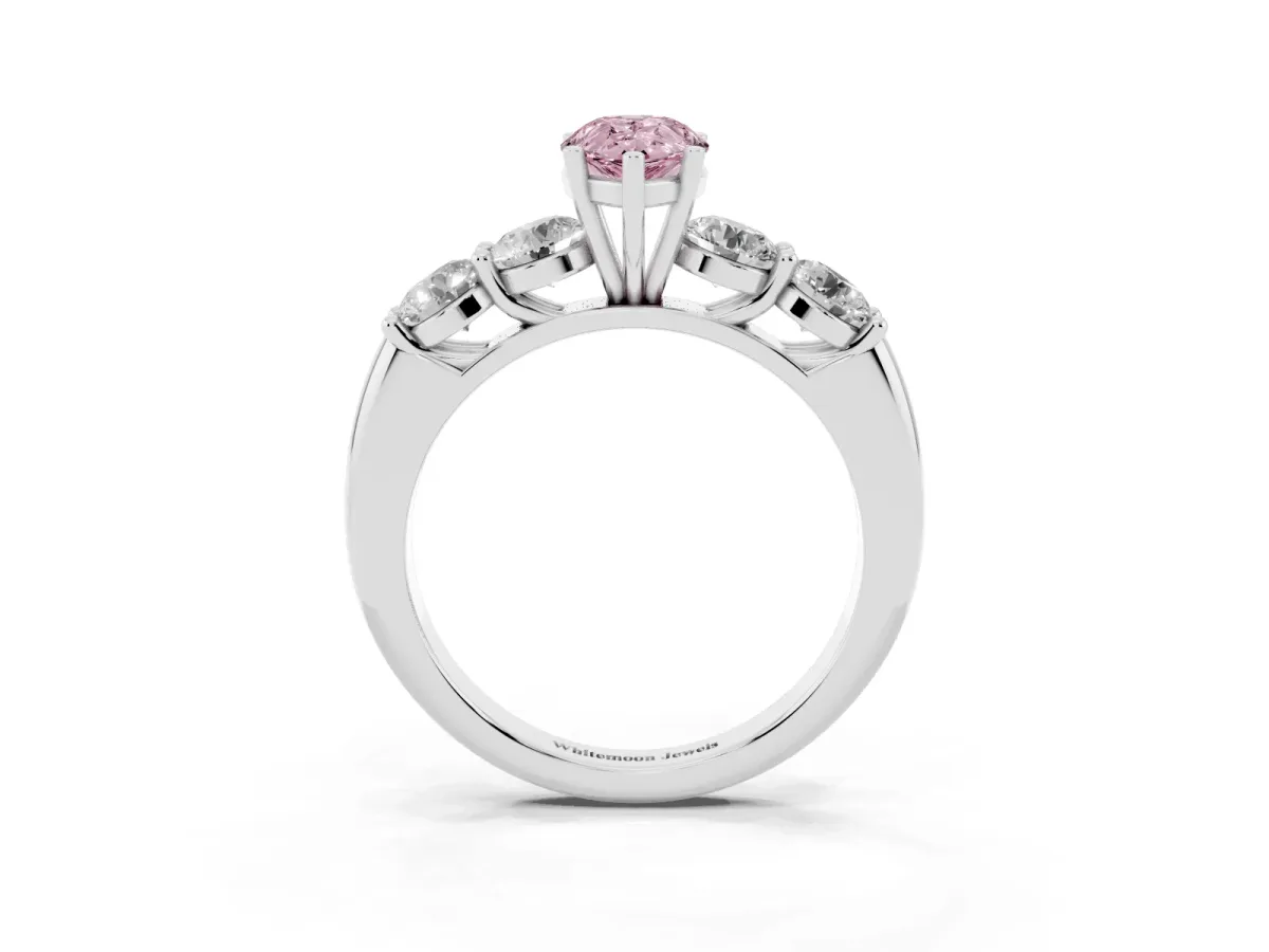 Fancy Pink Pear Cut Cut Five-Stone Prong Set Diamond Ring with Classic Band Platinum