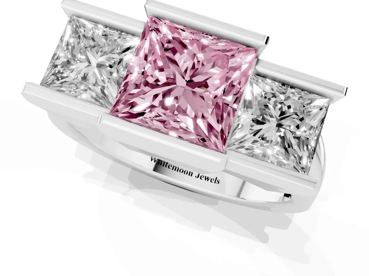 Fancy Pink Three Stone Princess Cut Cut Channel Set Diamond Ring Platinum