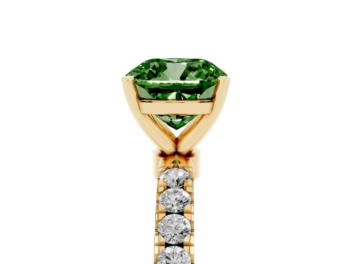 Fancy Green Cushion Cut Diamond Solitaire Ring with Pavé Accents and Four-Prong Setting Yellow gold