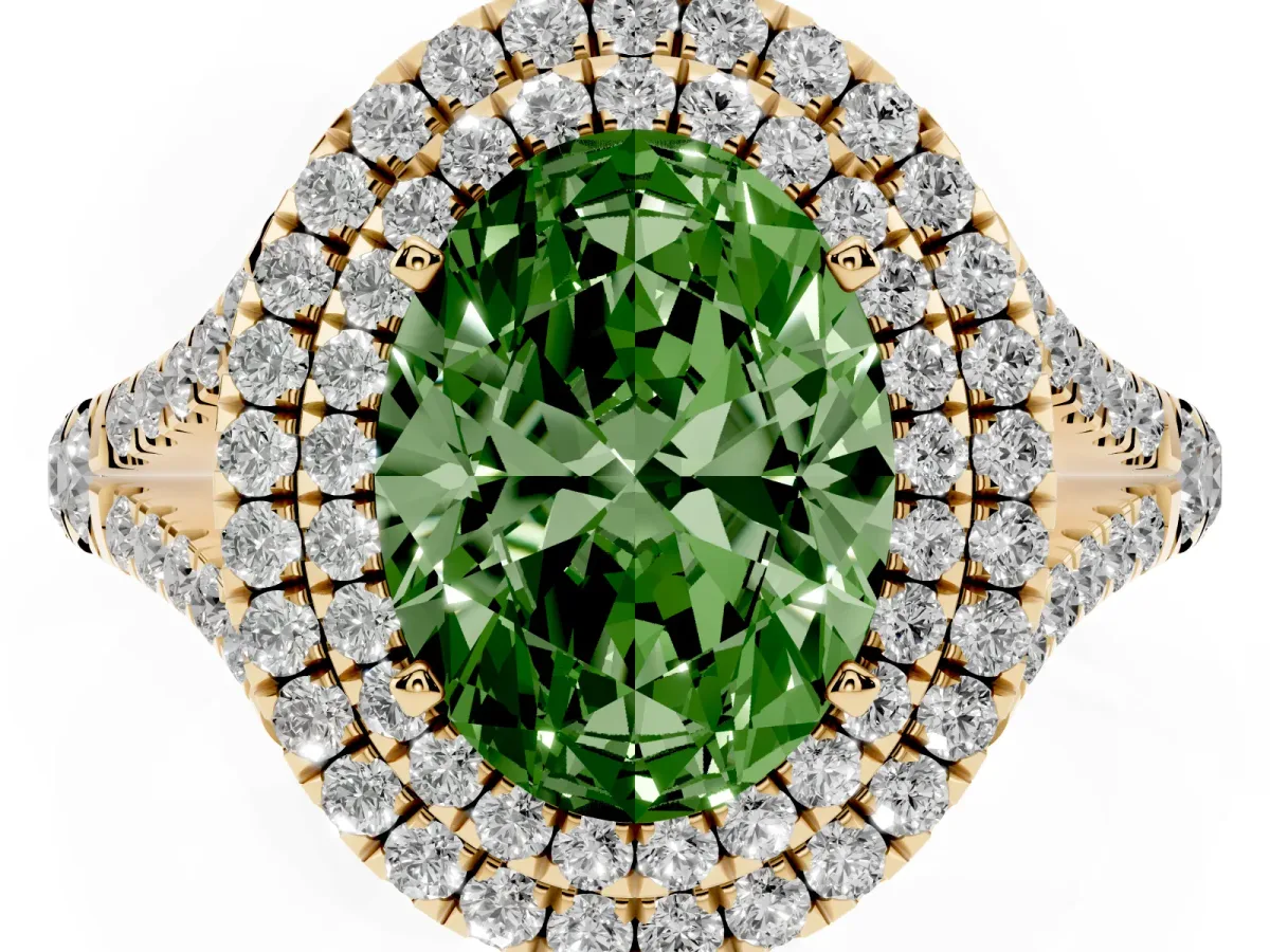 Fancy Green Oval Cut Diamond Pavé Split Shank Double Halo Engagement Ring Yellow gold