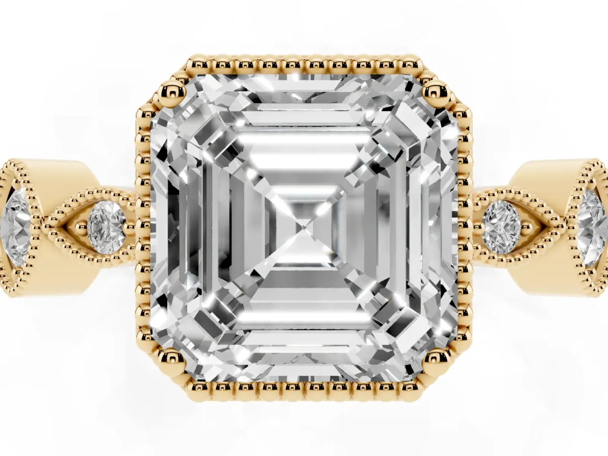 Asscher Cut Diamond Vintage Milgrain Ring with Round Stations Yellow gold