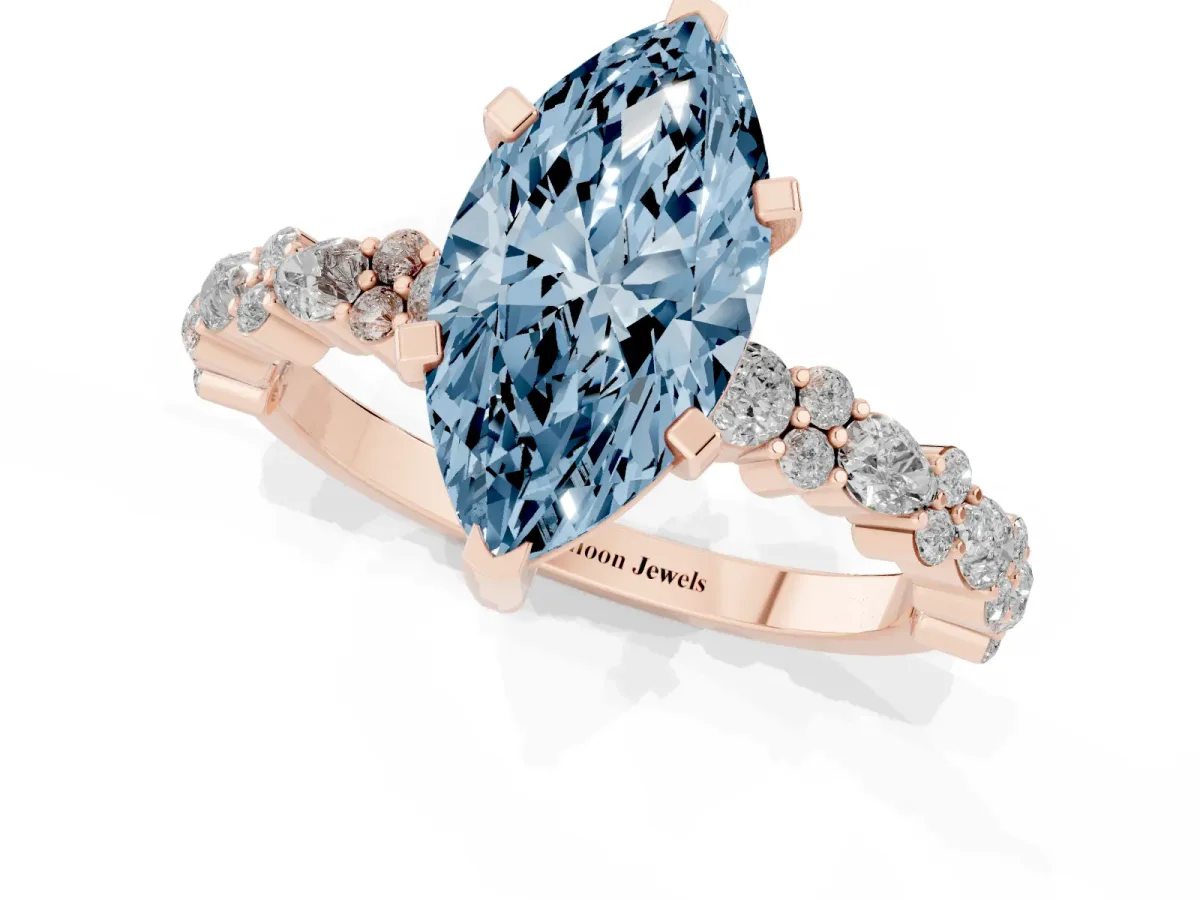 Fancy Blue Marquise Cut Diamond Side Stone Solitaire Ring with Round and Four-Prong Setting Rose gold