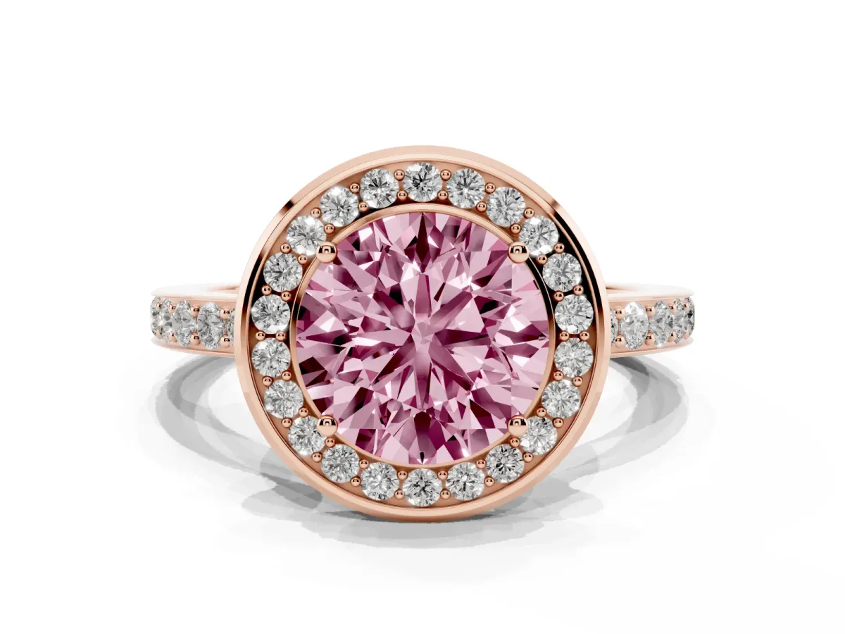 Fancy Pink Round Cut Diamond Halo Ring with Bezel Frame and Pavé Band Rose gold
