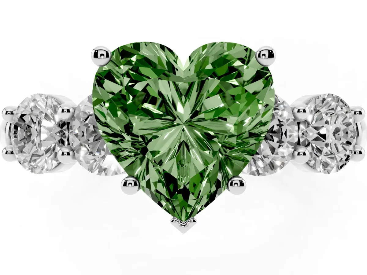 Fancy Green Heart Cut Cut Five-Stone Prong Set Diamond Ring with Classic Band Silver