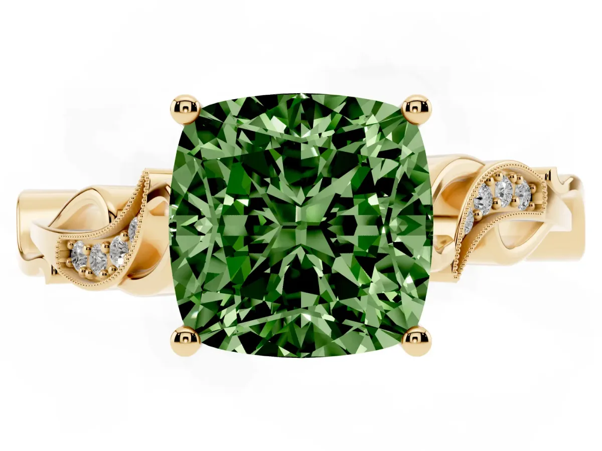 Fancy Green Cushion Cut Solitaire Vine Band with Milgrain Prong Setting Yellow gold