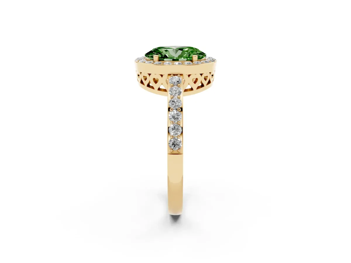 Fancy Green Oval Cut Halo Diamond Pavé Band Ring with Prong Setting Yellow gold