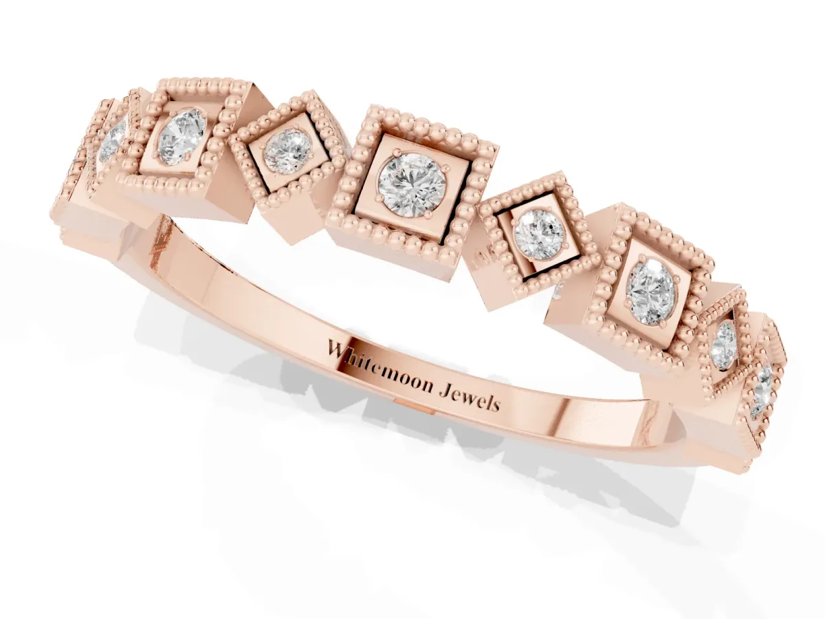 Milgrain Square Diamond Eternity Band with Bezel Setting Rose gold