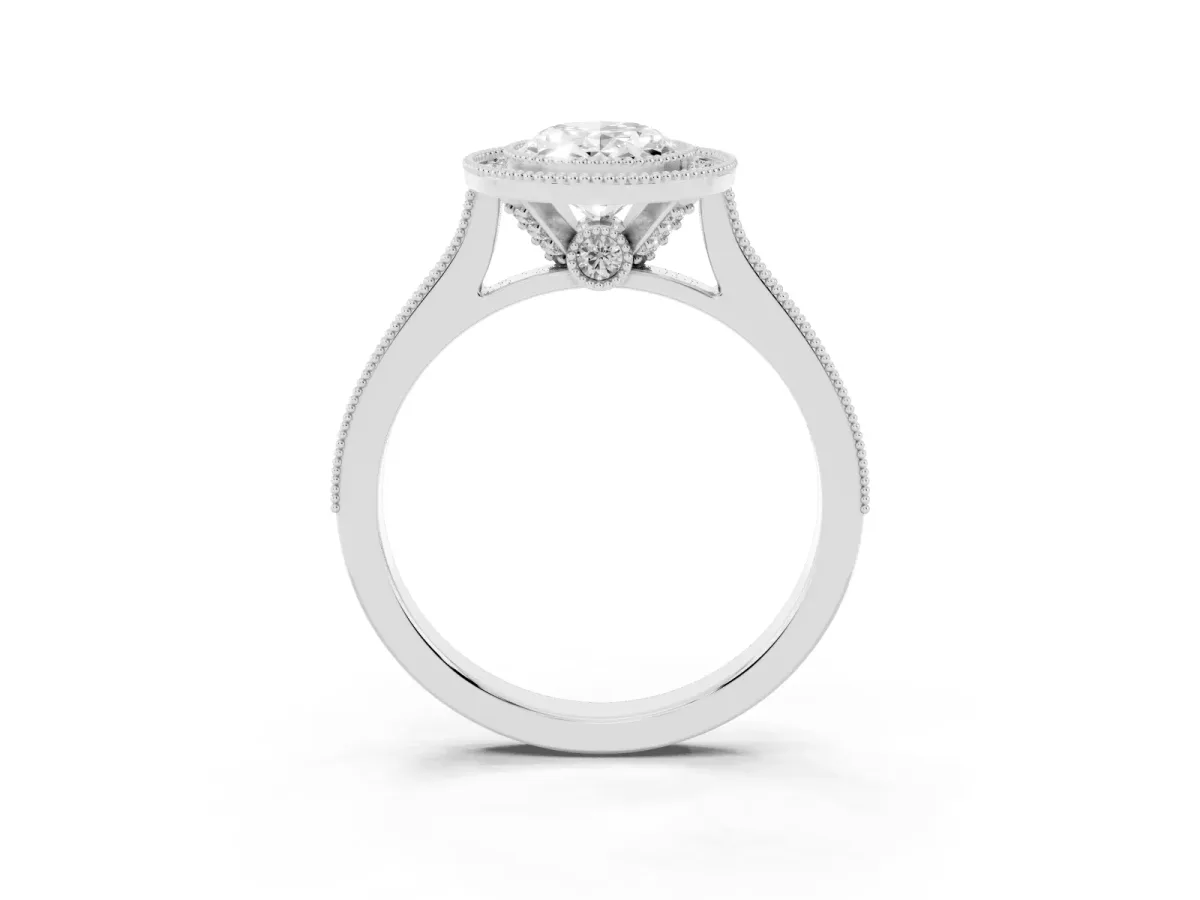 Halo Oval Cut-Cut Diamond Pave Band Milgrain Prong Setting Ring Silver