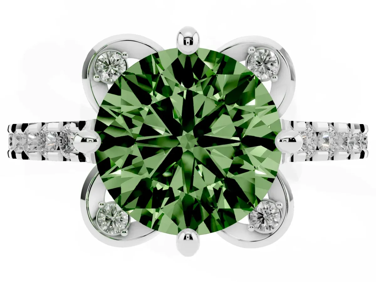 Fancy Green Round Cut Diamond Ring with Pavé Band and Floral Prong Setting Silver