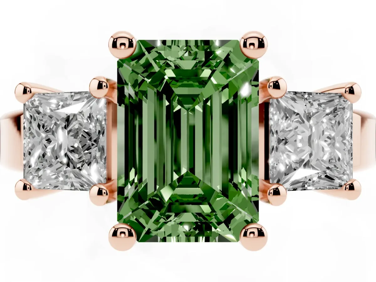 Fancy Green Three-Stone Emerald Cut Cut Solitaire Ring with Prong Setting Rose gold