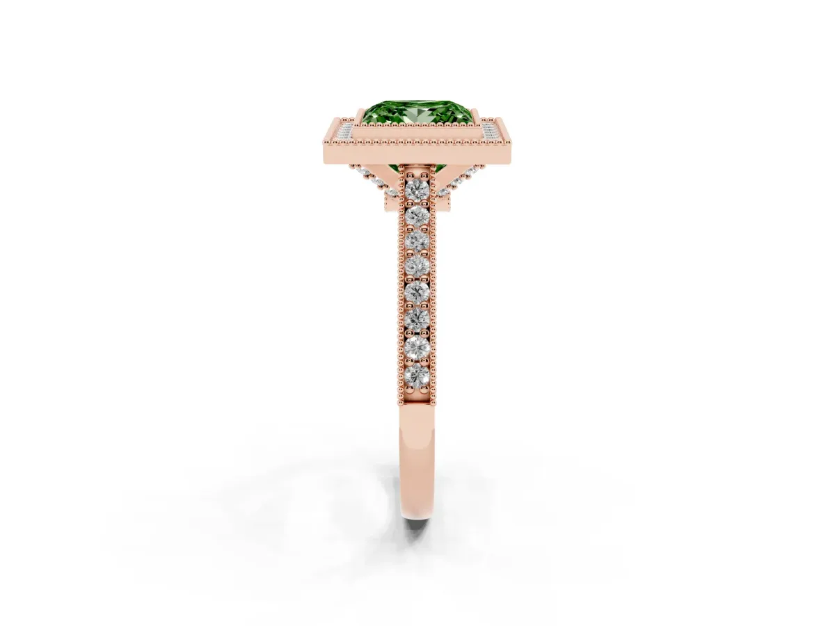 Fancy Green Halo Princess Cut-Cut Diamond Pave Band Milgrain Prong Setting Ring Rose gold