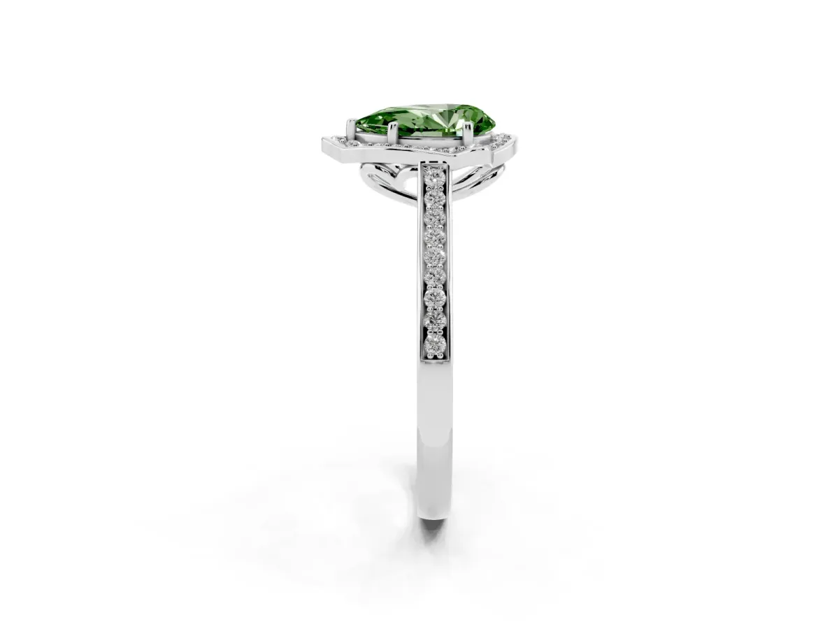 Fancy Green Pear Cut Halo Round Diamond Pave Band with Four-Prong Setting Silver