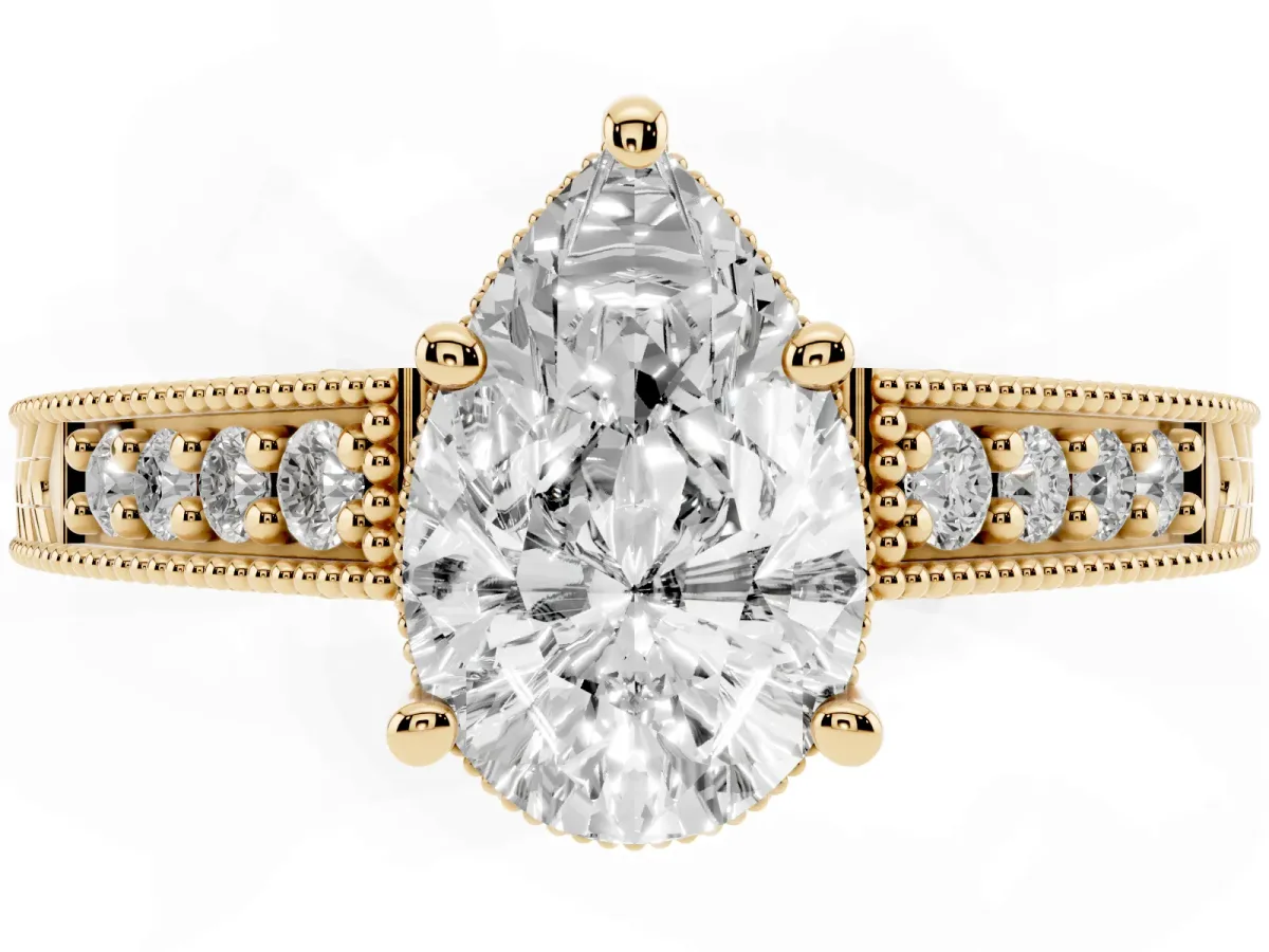 Pear Cut Solitaire Pavé Diamond Milgrain Engagement Ring with Four-Prong Setting Yellow gold