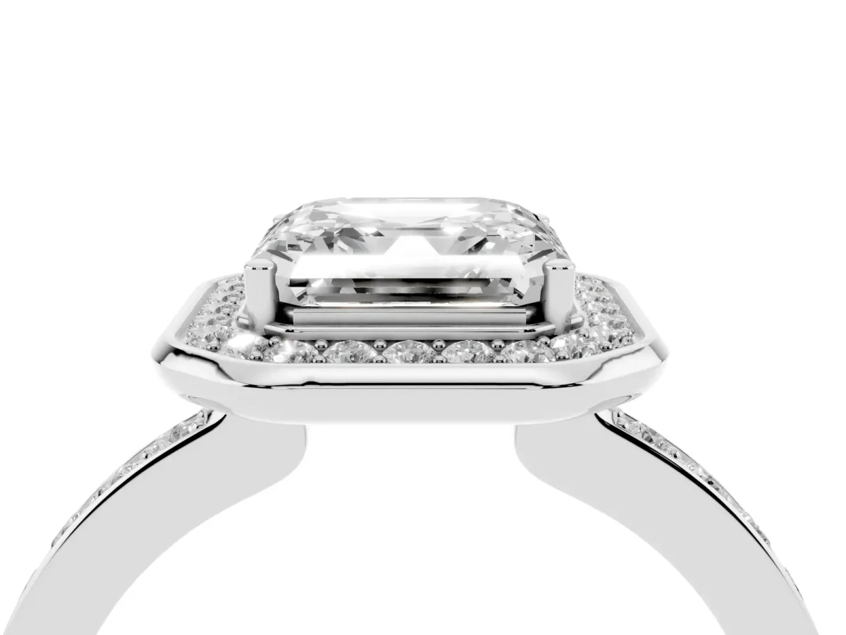 Asscher Cut Diamond Halo Ring with Bezel Frame and Pavé Band Silver