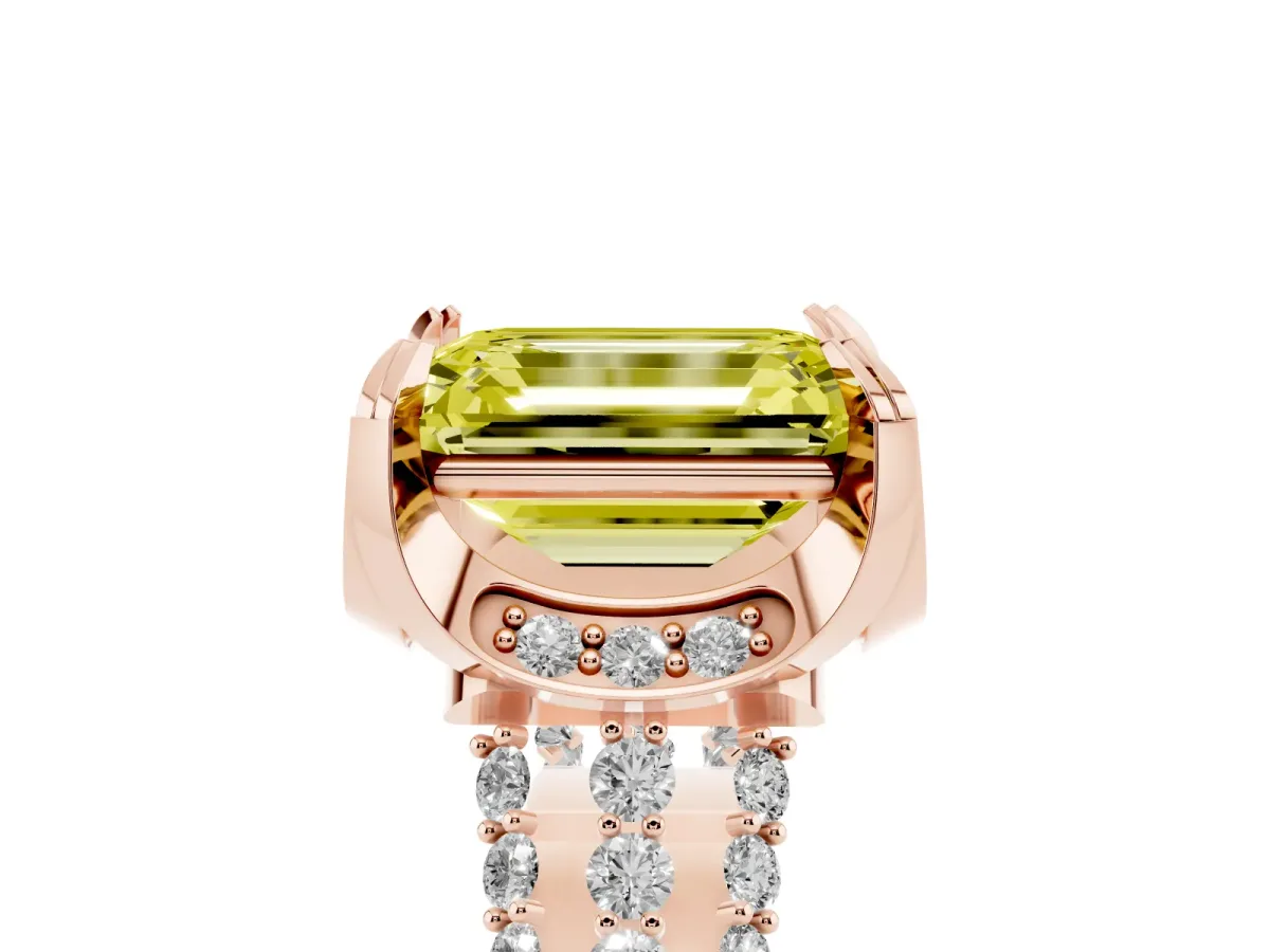 Fancy Yellow Emerald Cut Solitaire Pave Split Shank Ring with Four-Prong Setting Rose gold