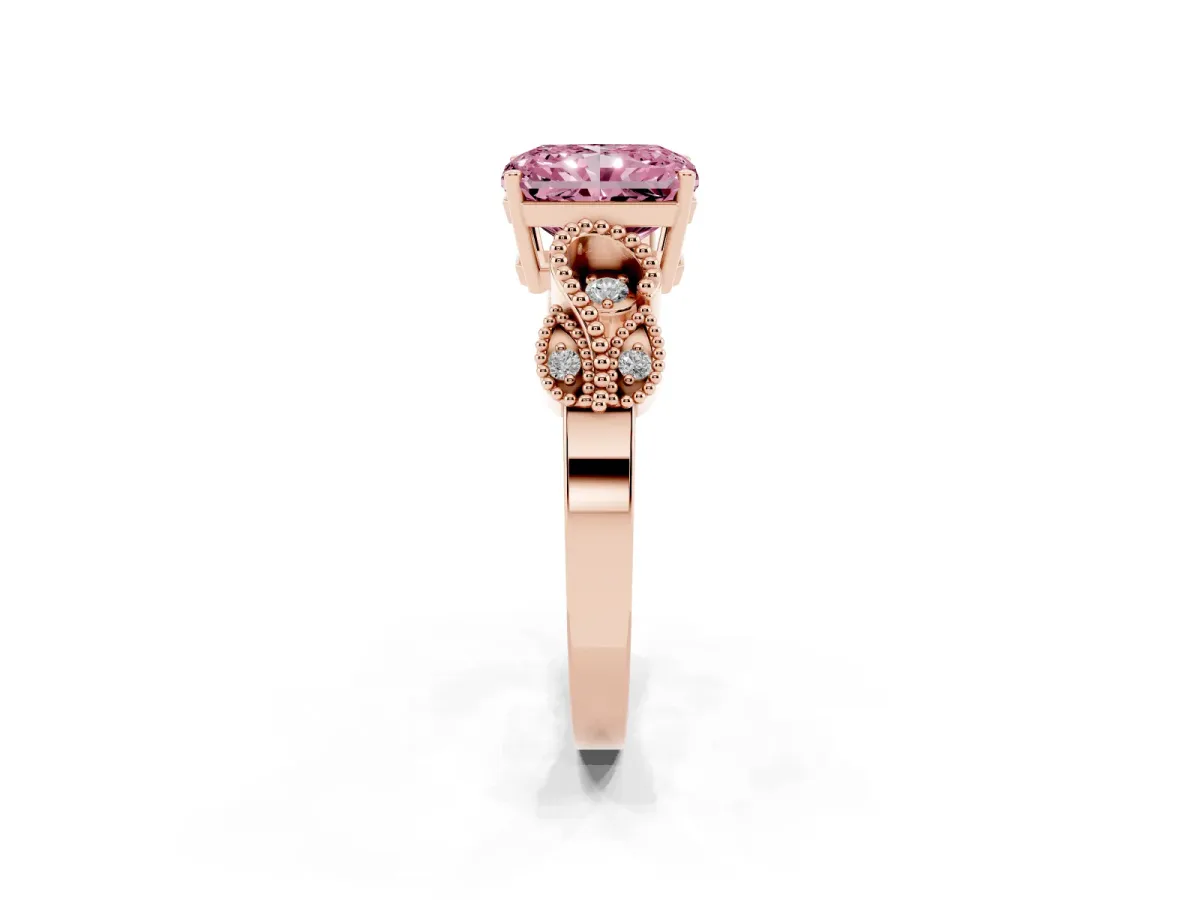 Fancy Pink Princess Cut Solitaire Milgrain Leaf Band with Prong Setting Rose gold