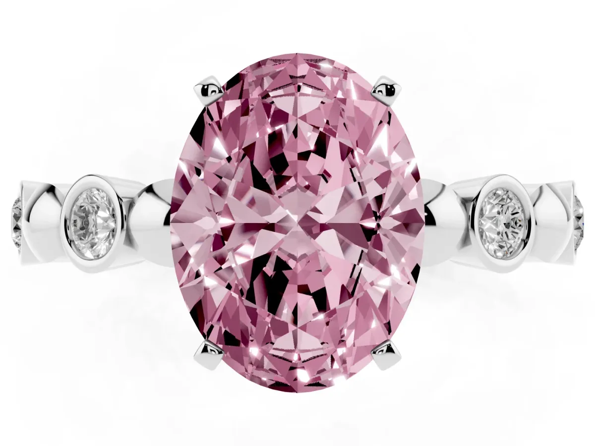 Fancy Pink Oval Cut Solitaire Bezel-Set Diamond Ring with Beaded Band and Four-Prong Setting Silver