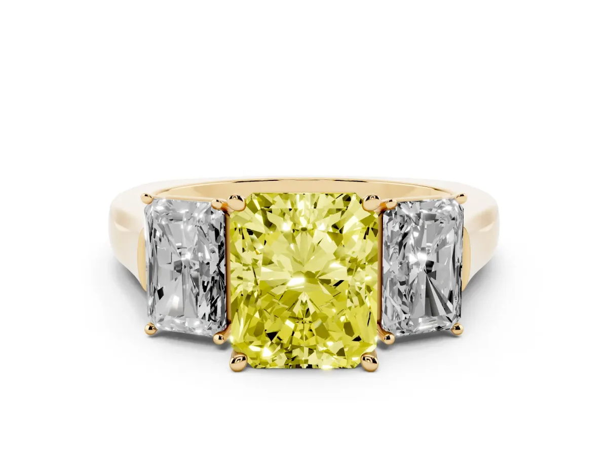 Fancy Yellow Three-Stone Radiant Cut Brilliant Diamond Trellis Ring with Comfort Fit Band Yellow gold