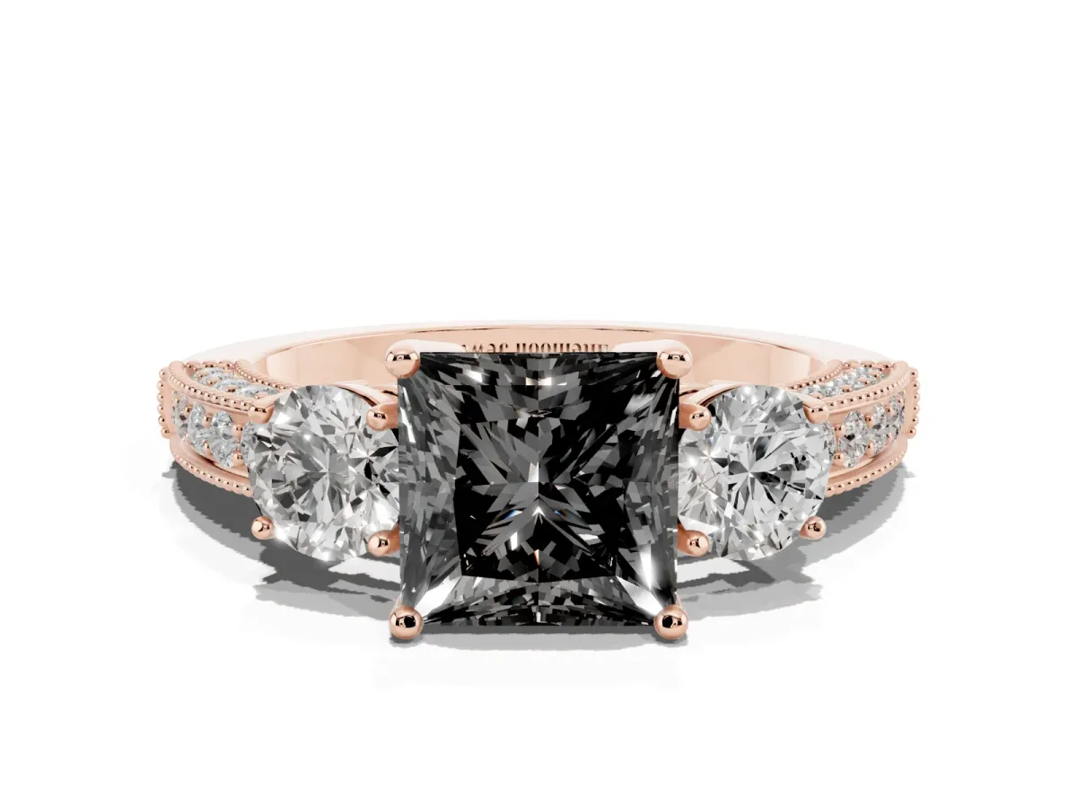 Fancy Black Princess Cut Three-Stone Diamond Ring with Pavé Band and Four-Prong Setting Rose gold